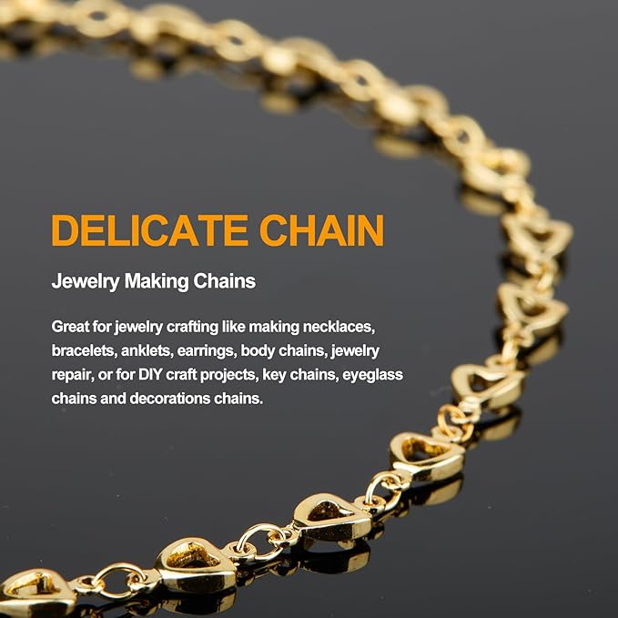 KYUNHOO 13 Feet Hollow Heart Chain for Jewelry Making 18K Gold Plated Brass Jewelry Chains Bulk with Lobster Clasps Jump Rings for Crafting Supplies