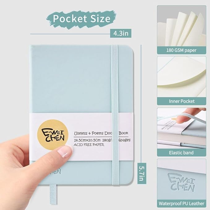 Small Blank Notebook, 96Pages, Hardcover Sketch Book for Drawing, 5.7x4.1 Pocket Journal Notebook for Travel, 180gsm Thick Paper Diary Notebooks for Work, Leather Cover Memo for Writing. Light Blue