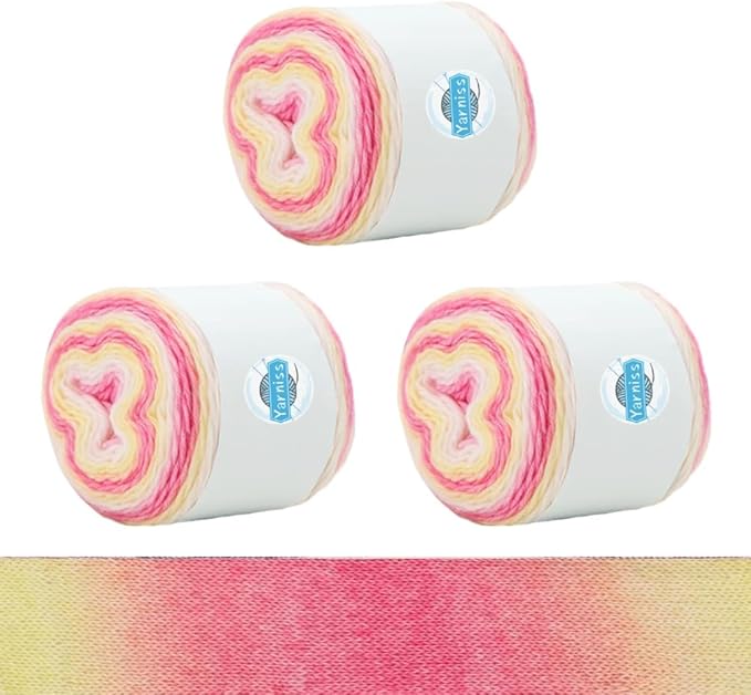 Yarniss 3 Skeins Cake Yarn for Crocheting, Gradient Cake Yarns 100g & 267 Yards,Ombre Yarns Cake Rainbow Cotton Yarn for Making Colorful Crafts-Pink Yellow Gradient