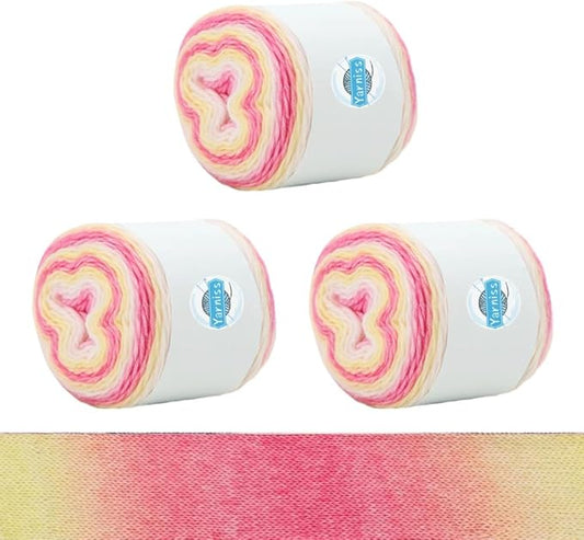 Yarniss 3 Skeins Cake Yarn for Crocheting, Gradient Cake Yarns 100g & 267 Yards,Ombre Yarns Cake Rainbow Cotton Yarn for Making Colorful Crafts-Pink Yellow Gradient