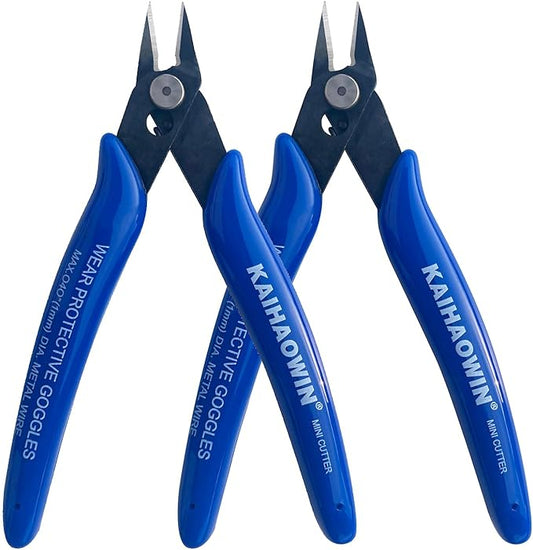kaihaowin micro wire cutters with spring, 2 pack, 5 inch precision mini flush cutters bulk, nippers, flush cutting pliers, wire snips, small side cutters for electronics crafts jewelry-blue