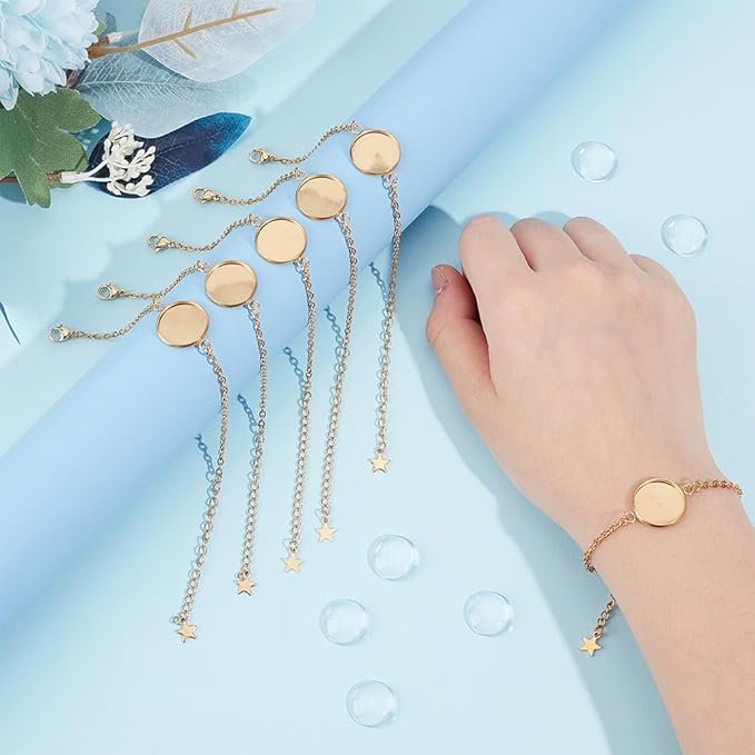 UNICRAFTALE 6 Sets Bracelet Bezel Settings Stainless Steel Bezel Bracelets Bracelets Blanks Adjustable Blank Tray Bangle Settings with Round Cabochon Gold Bezel Trays for Bracelet Making 14.4cm Long