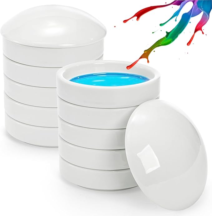 Jucoan 2 Pack Ceramic Watercolor Palette, 5 Layers Stackable Watercolor Mixing Trays Set, Round Porcelain Artist Paint Palette Bowl Dish with Lid for Gouache Pigment Chinese Ink Mixing