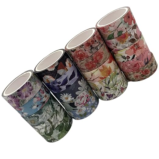 Floral Washi Tape Set 20 Rolls 15mm Wide Flower Decorative Paper Tapes for Scrapbooking, Journal, Planner, DIY Crafts, Gift Wrapping
