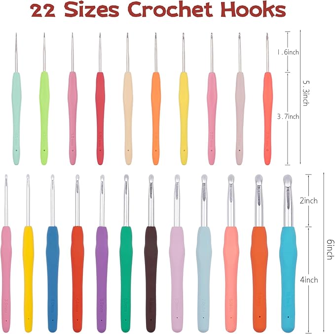 BsHooker 22 Sizes Crochet Hooks Set with Storage Case,0.5mm-10mm Crochet Hooks with Ergonomic Soft Handle for Arthritic Hands,Crochet Kit for Beginners,Red