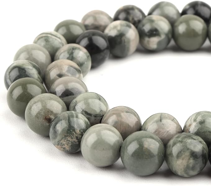 Natural Stone Beads Gemstone Beads for Jewelry Making - 8mm Round Loose Beads for Bracelets(44-47pcs, Green Woodgrain Stone)