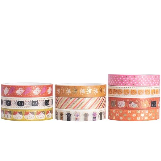 YUBBAEX 10 Rolls Sparkling Washi Tape Set 8mm Skinny Gold Foil Decorative Masking Washi Tapes for Journal,Scrapbook, Planner, DIY Crafts (Sweety Kittens)