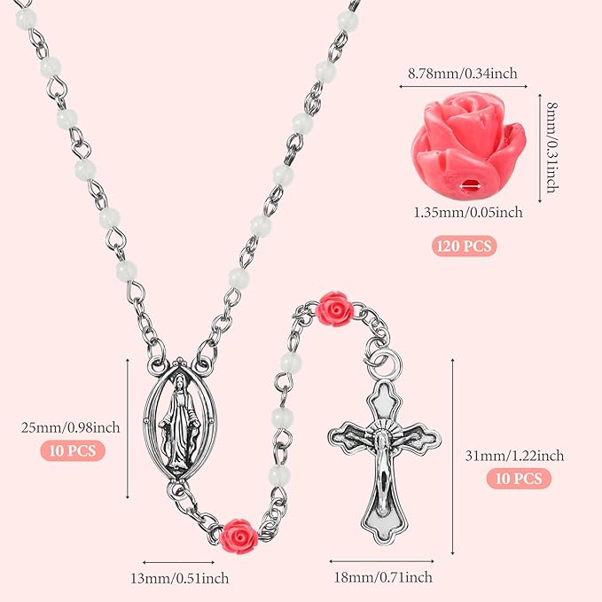 Sureio 140 Pcs Rosary Making Supplies Carved Rose Beads Flower Beads Kit Cross Centerpiece Crucifix Medal, Silver Jesus Maria Pendant for Bracelet Necklace(Pink)