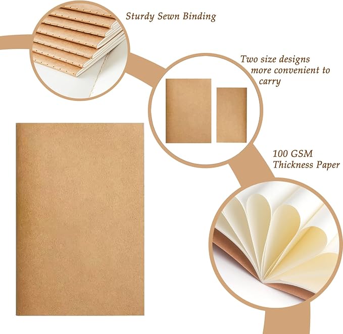 FOVGOTAN 15 Pack Blank Kraft Notebooks Set, 60 Pages Journals Notebook Bulk, Unlined Composition Notebook for Kids, Student, Sketchbooks and Pocket Notebook(6PCS A5 8.3"×5.5", 9PCS Mini 7.4"×4")