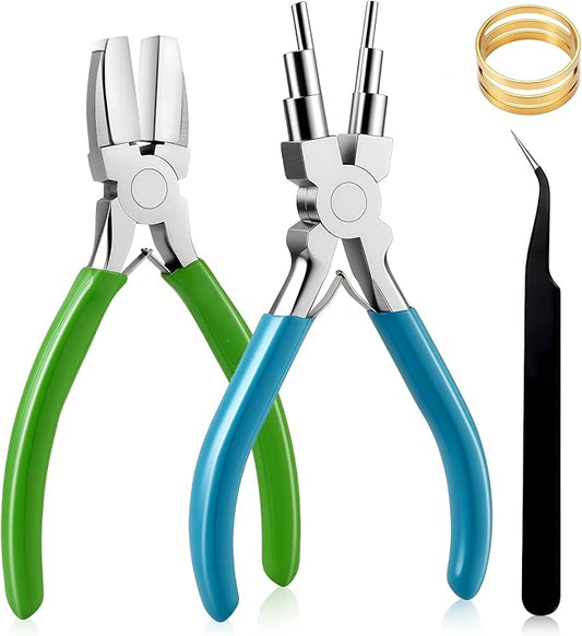 2Pcs Jewelry Pliers Set Jewelry Making Tools Kit Include Nylon Jaw Pliers 6 In 1 Bail Making Plier for Beading Looping Shaping Wire DIY Crafts Rings Jewelry Making Supplies (Blue-Green)