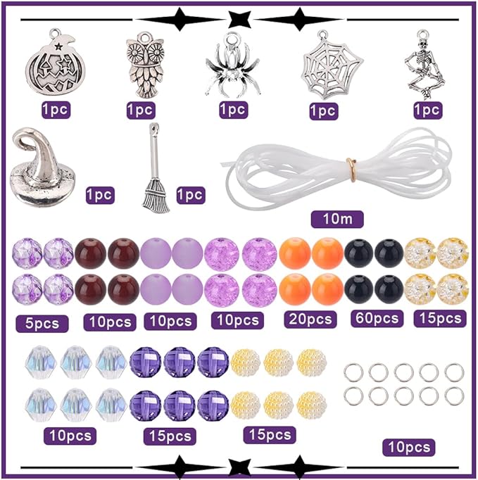 SUNNYCLUE 1 Box 6Pcs Halloween Bracelet Making Kit Tibetan Style Spider Charms Witch Hat Charm Pumpkin Skull Charms Black Purple Orange Round Glass Beads for Jewelry Making Kits Beading Supplies