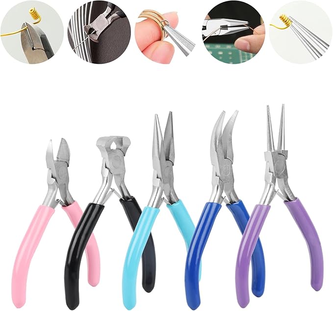 5 pcs jewelry making pliers tools,includes needle,round,chain, bent & zipper pliers for repair, wire wrapping & crafts diy craft jewelry making supplies