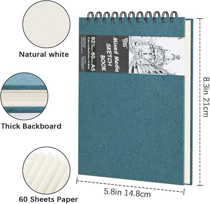 8.3" x 5.8" Hardcover Sketchbook, Top Spiral Bound Art Journal Sketchbook, 60 Sheets 92LB/150 GSM Acid-Free Drawing Neutral White Mixed Media Paper for Adults Beginners Artists.Blue Green