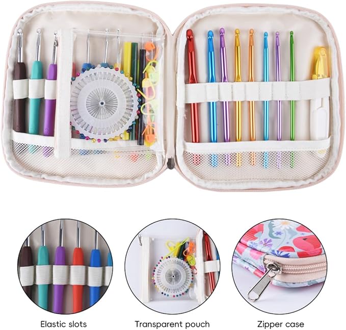 Crochet Hook Case,Portable Zipper Storage Organizer Bag for Crochet Hooks, Knitting Needles, Project & Sewing Supplies, Lightweight,Easy to Hold (No Accessories Included).Green Cartoon Flower