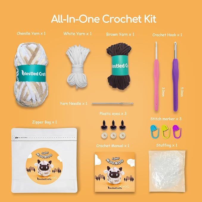 NestledCrafts Crochet Kit for Beginners, Animals Amigurumi Crochet Starter Kit with Step-by-Step Video Tutorial, Easy Knitting Set for Kids Adults, Lovely Cow - MooMoo