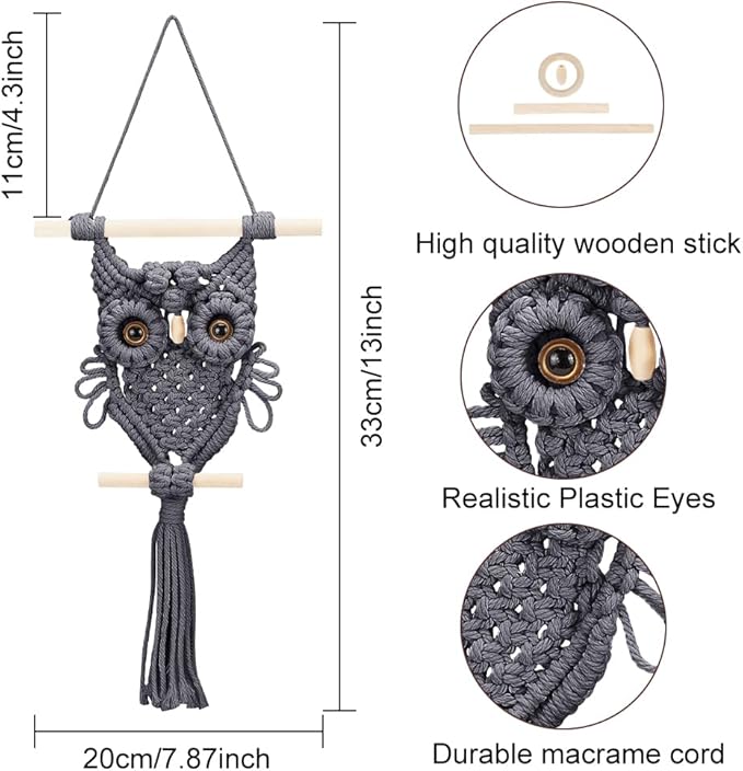 ORIGACH DIY Macrame Owl Wall Hanging Tapestry Kit Grey Cotton Handmade Macrame Owl Kit with Video Tutorials Boho Macrame Wall Hanging Decor Woven Ornament Gift for Bedroom Living Room