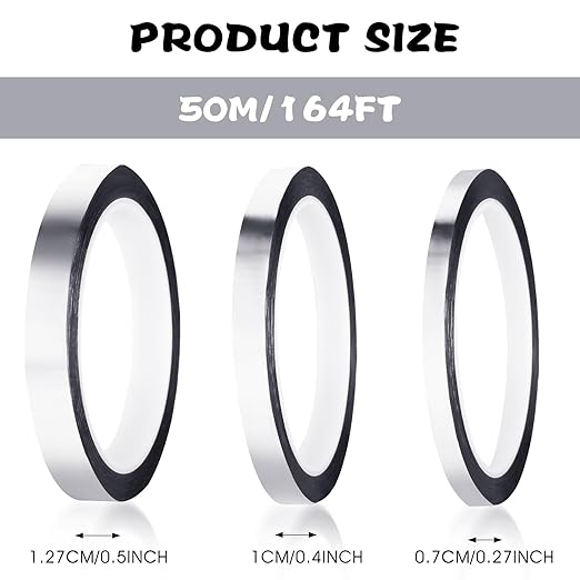 164 Yard Silver Metallic Tape, Decorative Self Adhesive Masking Tape Metallic Mirror Tapes for Wall Decor Graphic Art Tapes Crafts for Car Furniture Graphic Arts Walls Decor (1.27/1/0.67cm, 3 Roll)