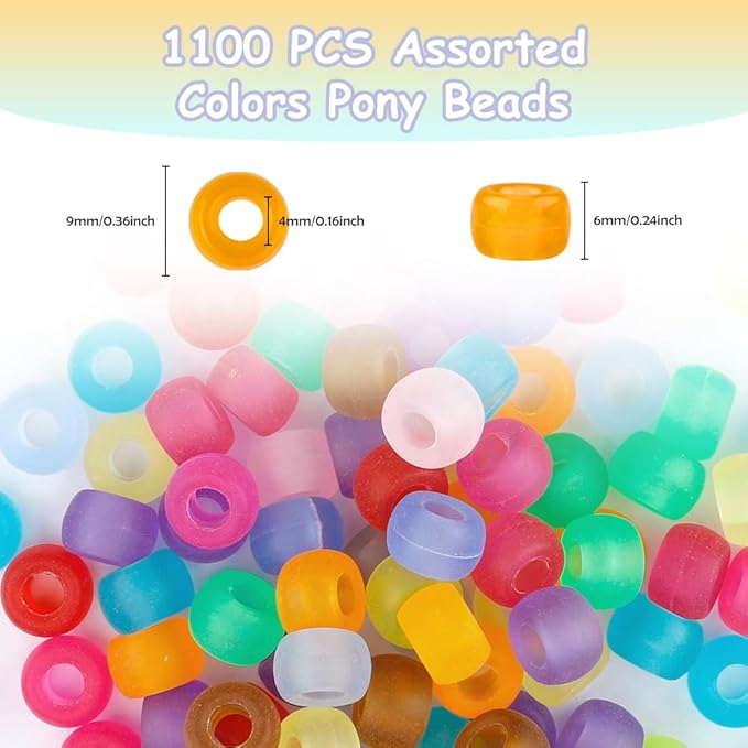 pony beads bulk 1100 pcs, beads for jewelry making, beads for bracelets making, hair beads, bracelet beads, plastic beads for crafts, hair beads for braids for girls(frosted color)