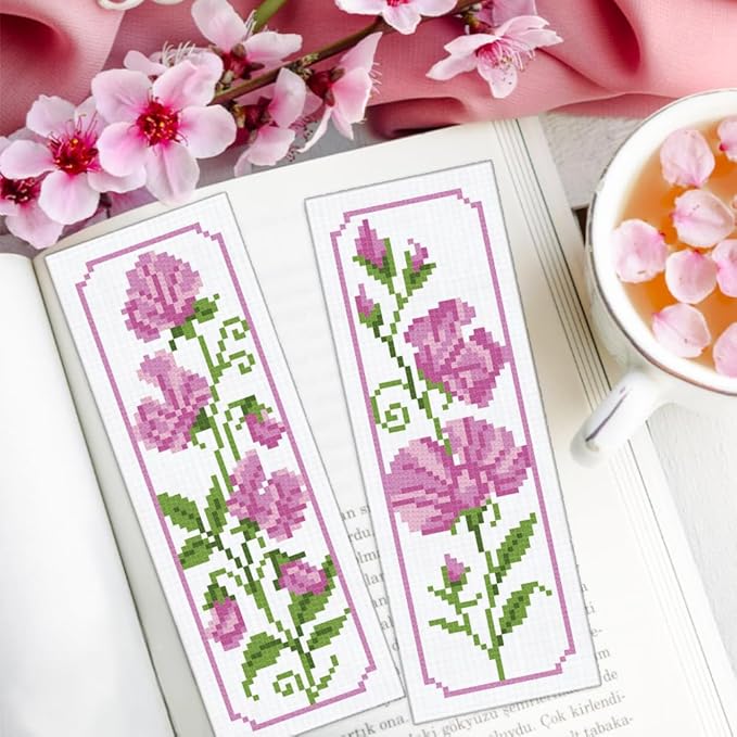 ORIGACH 6 Set Pea Flower Cross Stitch Bookmark Kit for Beginner with Backing Felt Floss Instructions DIY Stamped Embroidery Bookmark Kit for Adults, Book Lovers