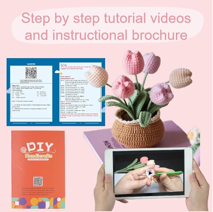 Pink Tulip Crochet Kit – Romantic Spring Home Decor & Mothers Day Gift | Beginner-Friendly DIY with Video Tutorial | Elegant Artificial Flower Plant