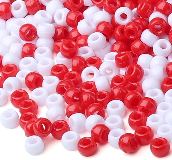 1000Pcs Valentine’s Day Beads Bulk 6MM Red and White Pony Beads for Crafts Hair DIY Projects Plastic Red and White Bead for Jewelry Making Party Gift Supplies