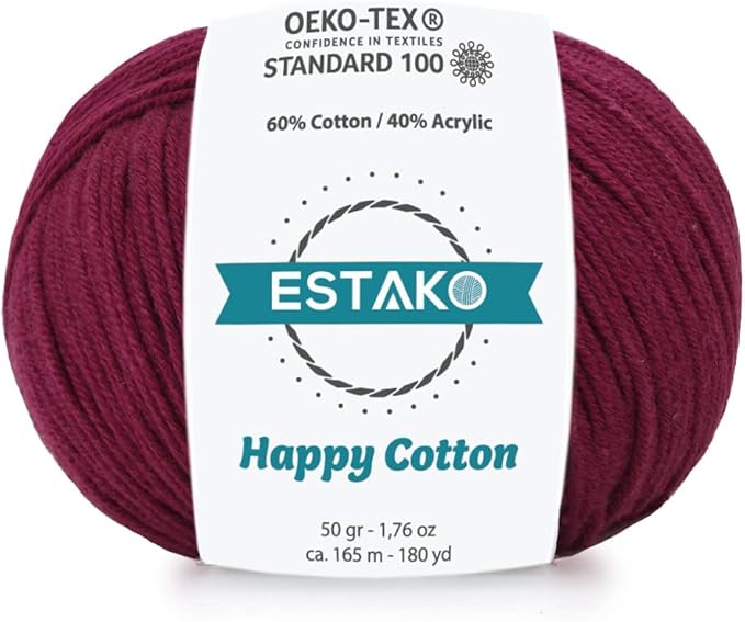 Estako Happy Cotton, 60% Cotton 40% Acrylic Yarn, Soft, Fine/Sport (2) for Crochet and Knitting 1.76 Oz (50g) / 180 Yrds (165m) (4520 - Claret Red)