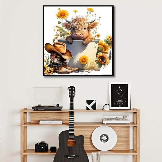 igoodom Cow Diamond Art Kits for Adults, Highland Cow Diamond Art Kits, Full Drill Round Sunflower Diamond Painting Kits, DIY Gem Art and Crafts for Home Wall Decor Gift 14x14inch