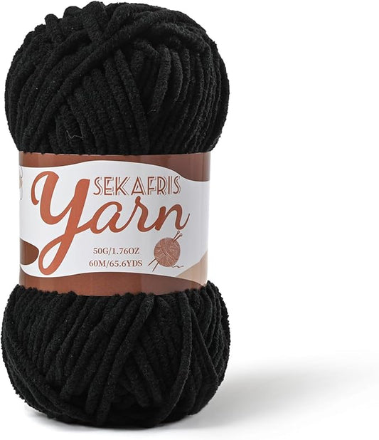 Fluffy Velvet Yarn for Crocheting，Baby Blanket Yarn for Crocheting Soft，50g(65.6yds) Amigurumi Yarns，Plush Chenille Crochet Yarns，Puzzle Yarn for Crochet Weaving Craft(Black)