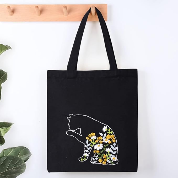 Smart-Feather Cat Embroidery Kit for Beginners Adults, Hand Embroidery Tote Bag Kit with Hoop and Patterns