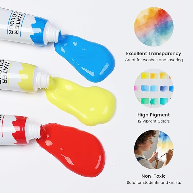 Mini Watercolor Paint Set, Travel Watercolor Paint kit with 24 Colors, Refillable Brush & Sketchbook, Ideal Watercolor Palette for Travel, Creative Painting Kit for Beginners and Artists(15 Gird)