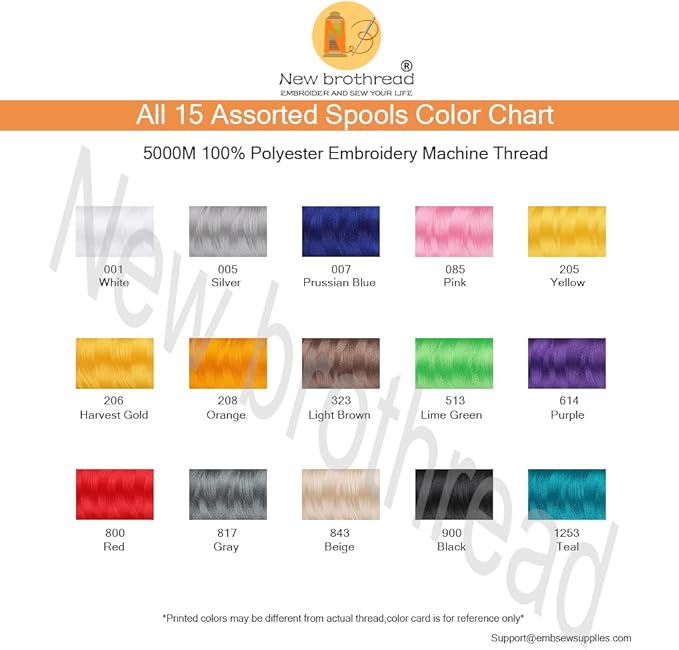New brothreads - 15 Starter Colors of Huge Spool 5000M Polyester Embroidery Machine Thread for Commercial and Domestic Embroidery Machines