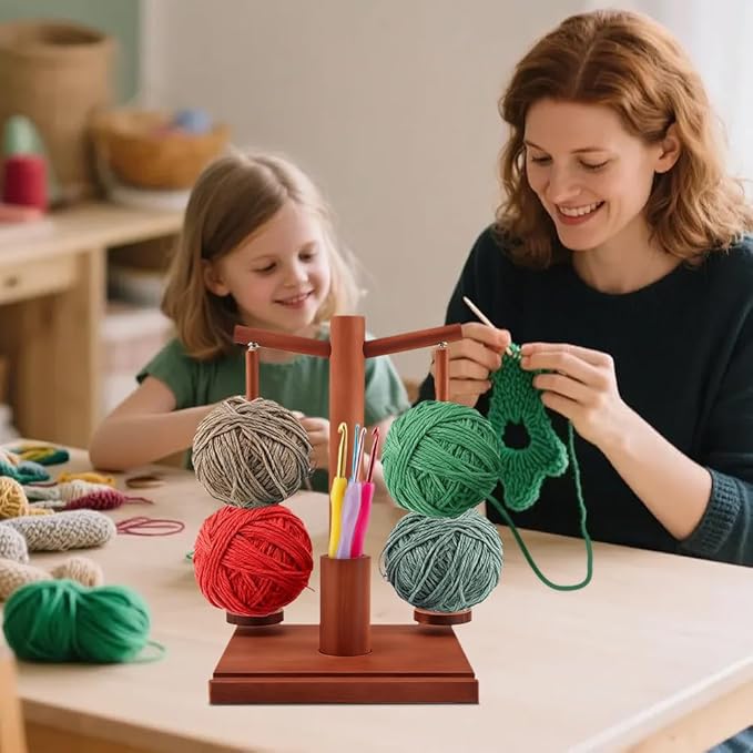 Wooden Yarn Holder - 9PCS Crochet Hooks, Magnetic 2-Spindle Spinner for Crocheting & Knitting | with Phone Stand & Hook Storage | Yarn Enthusiasts' Choice