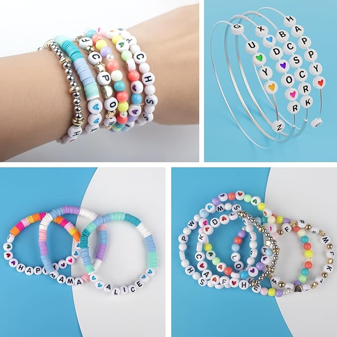 sutoug 1000pcs colourful letter beads for threading, 4 x 7 mm, a-z white letter beads and colourful heart beads, acrylic round beads for jewellery diy making crafts bracelets necklaces ornaments penda
