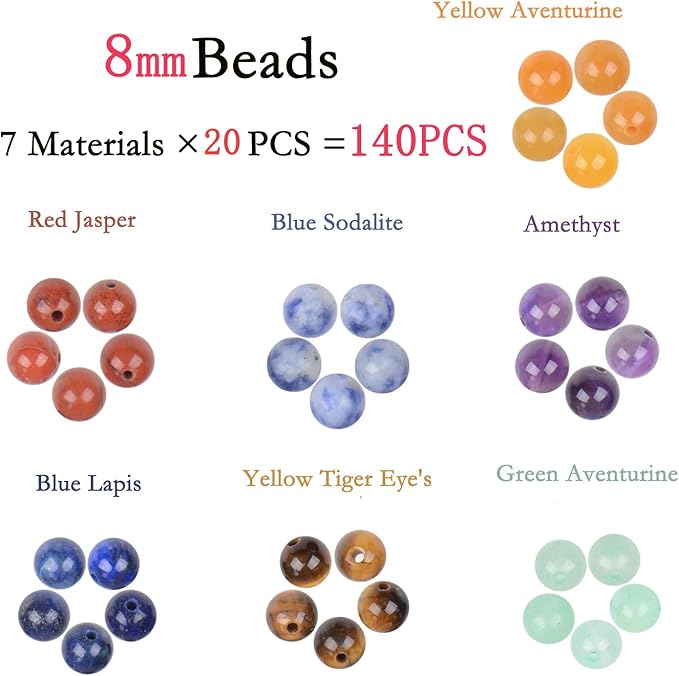 bymitel 140pcs natural crystal beads stone gemstone round energy healing loose beads with stretch cord for jewelry making bracelets anklets (7-colors chakra, 8mm 140pcs)