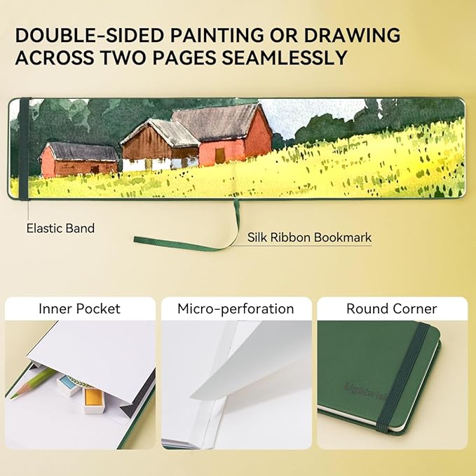 Lightwish Watercolor Journal, 100% Cotton Hot Press Watercolor Paper Sketchbook 9.25” x 3.93”, 20 Sheets (140lb/300gsm), Acid-Free for Watercolors, Gouache, Acrylics