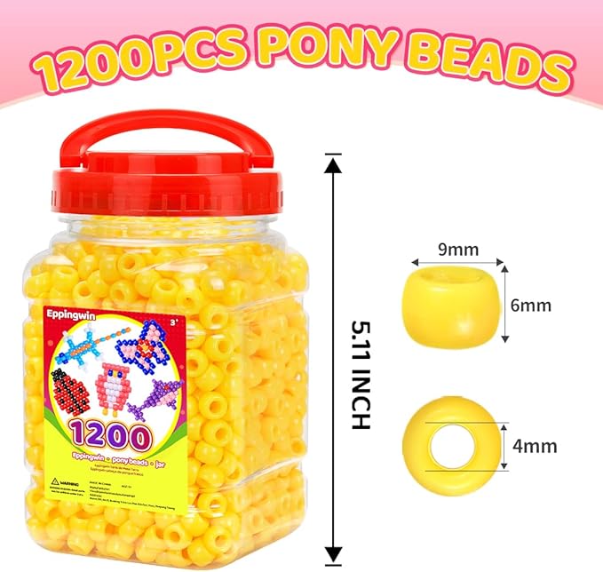 eppingwin 1200pcs pony beads for bracelets, 6x9mm kandi beads for hair braids, easy storage pony bead for jewelry making (yellow)