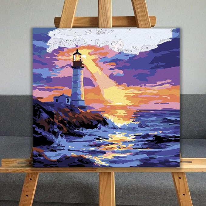 JUJUHOOD Sunset Lighthous Framed Paint by Numbers Kit for Adults Beginner & Kids Ages 8-12,Seaside Paint by Number Without Easel,Paint by Numbers for Gift Home Wall Decor (10x10Inch)