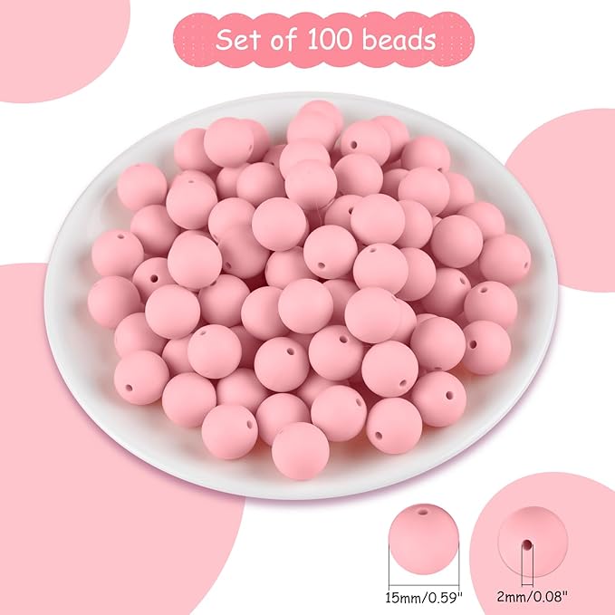 ASTARON 100 Pcs 15mm Silicone Beads for Keychain Making, Light Pink Round Rubber Beads Bulk for Bracelets Beadable Pens Decorations Crafts Supplies