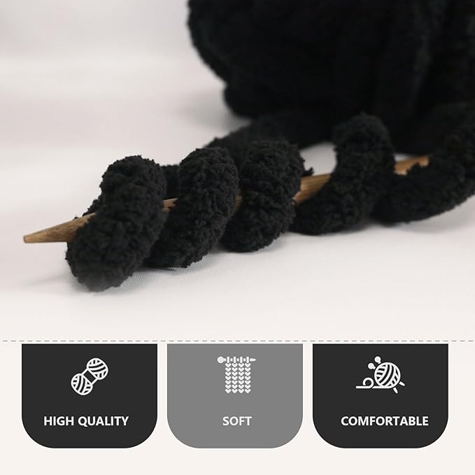 Black Chunky Chenille Yarn for Crocheting Bulky Thick Fluffy Yarn for Knitting,Super Bulky Hand Blanket, Soft Plush Yarn Crochet Carpet/Scarf/Cushion/ 8 Jumbo Pack(63.76oz/197.68yd