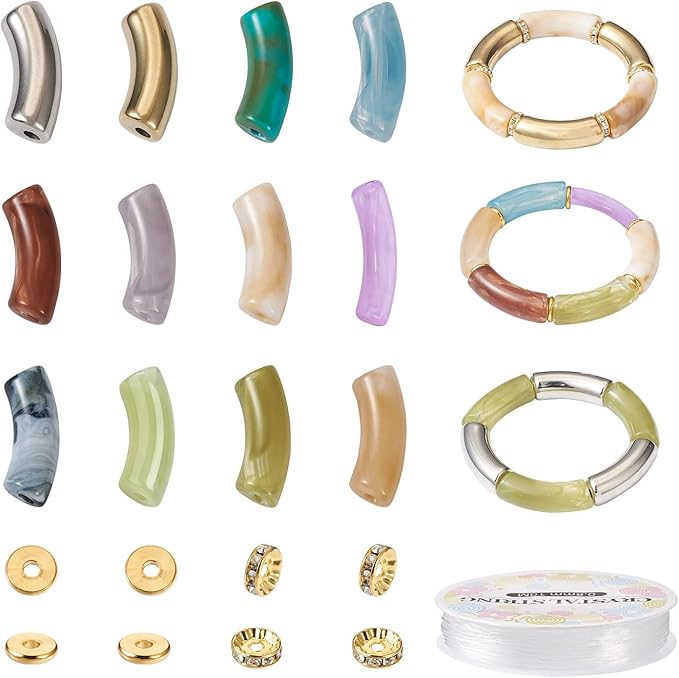 60Pcs Chunky Tube Beads with Rondelle Brass Rhinestone Spacer Beads & Elastic Thread & Plastic Tube Beads, Imitation Gemstone Curved Acrylic Tube Beads for Bamboo Bangles Bracelet Jewelry Making