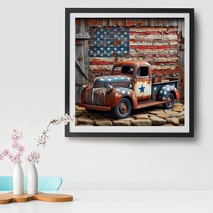 Stamped Cross Stitch Kits for Adults - Truck American Flag Embroidery Kits for Beginners Adults,11 CT Patterns Dimensions Counted Cross Stitch Kits for Arts Craft Kits 14X 14 inch
