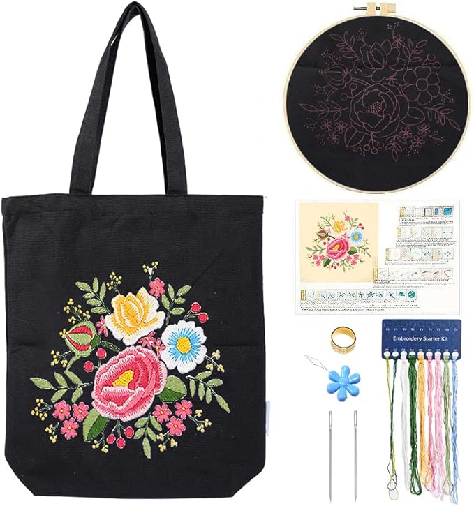 CREAWONDER Canvas Tote Bag Embroidery Kit with Pattern for Beginners, Arts and DIY Embroidery Crafts Kits for Adults, Include Instructions, Thimble, Embroidery Hoops, Color Threads and Tool