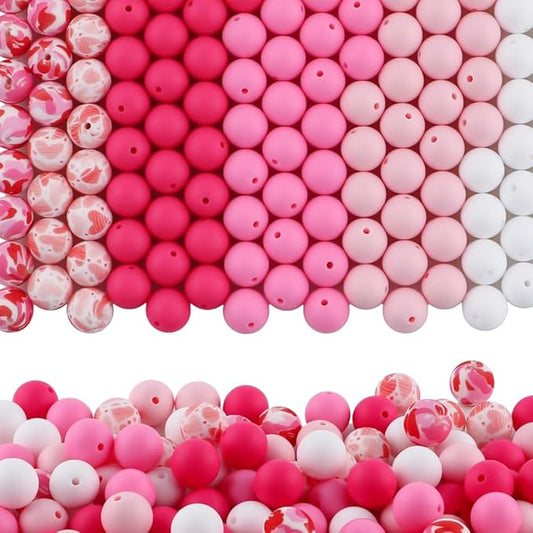 150Pcs Mixed Color 15mm Silicone Beads for Keychain Making, White Pink Print Silicone Beads for Pens and Bracelet Jewelry Making