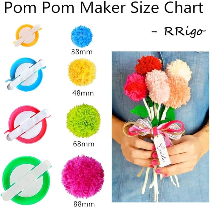 Pom Pom Maker, 4 Sizes Pompom Maker Tool Set for Fluff Ball Weave DIY Wool Yarn Knitting Craft Project for Adult - RRigo
