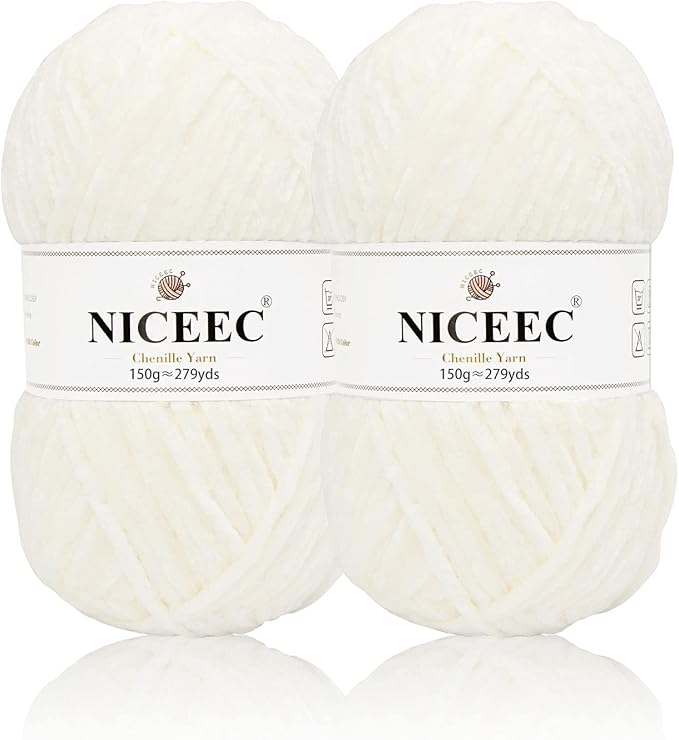 NICEEC 2 Skeins Soft Chenille Yarn Blanket Yarn for Knitting Fancy Yarn for Crochet Weaving DIY Craft Total Length 2×255m (2×279yds, 2×150g)_Cream White