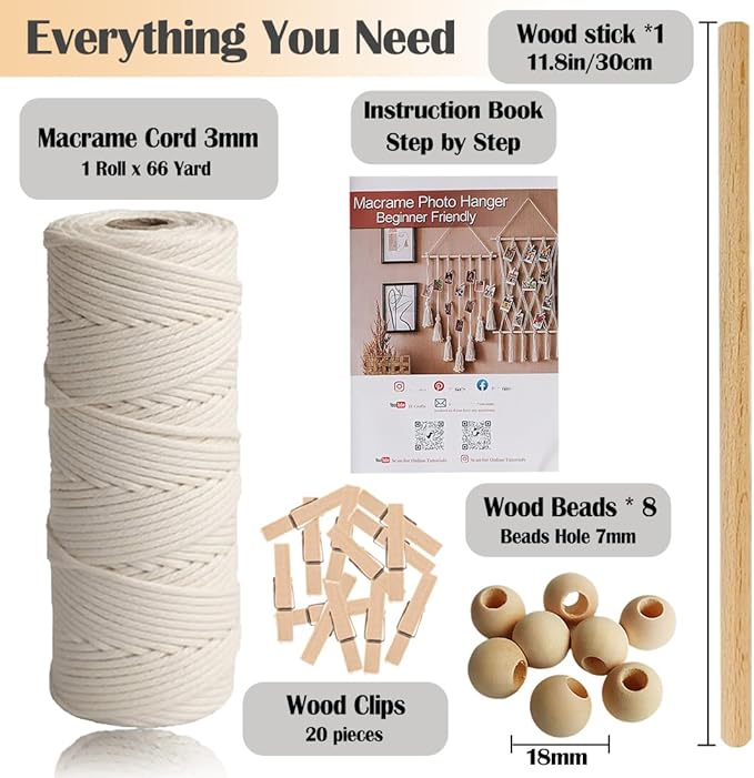 Ewparts Macrame Kit for Adults Beginners – 3mm Cotton Rope Wall Hanging Set to Make Photo Display, Includes Wood Clips, Wooden Dowel, Instructions & Video – Boho Home Decor Craft Supplies