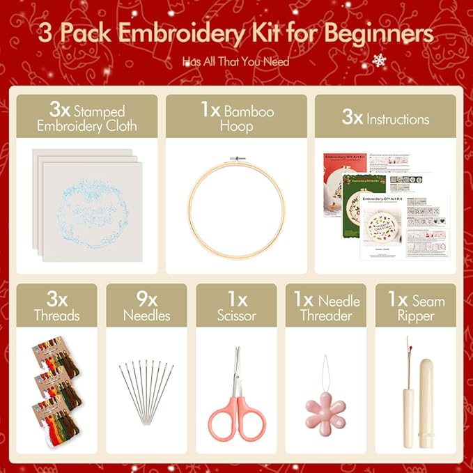 christmas embroidery kits: 3 pack cross stitch kit for beginners adults, diy ornaments craft kit with all tools & instructions, stamped hand embroidery starter kit for holiday crafts & xmas home decor