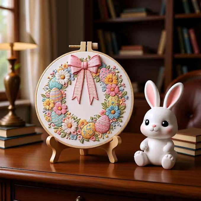 JJFox Embroidery Kit for Beginners and Adults, DIY Hand Embroidery Starter Kit with Cute Pattern, Cross Stitch Needlepoint Set with Hoop, Threads and Instructions (Easter Wreath)