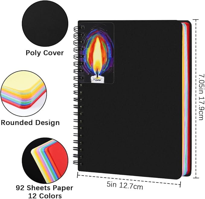 5" x 7" Premium Colored Paper Sketchbook, Spiral Bound Art Journal Sketchbook, 92 Sheets 80 GSM Acid-Free Construction Paper,Mixed Media Sketch Pad for Drawing Coloring Sketching.12 Assorted Colors