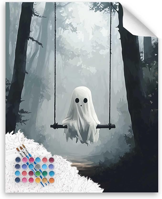 Cawpom Ghost Paint by Numbers Kit, Halloween Spooky Paint by Number for Adult, Ghosts Sitting on Swing Acrylic Painting, Misty Forest Landscape Picture, Home Wall Decor(16x20inch, No Frame)